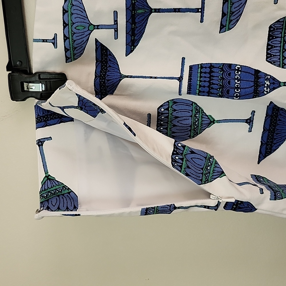 Talbots linen cotton mini skirt glass cup print blue white coastal women sz 14. - Picture 6 of 8